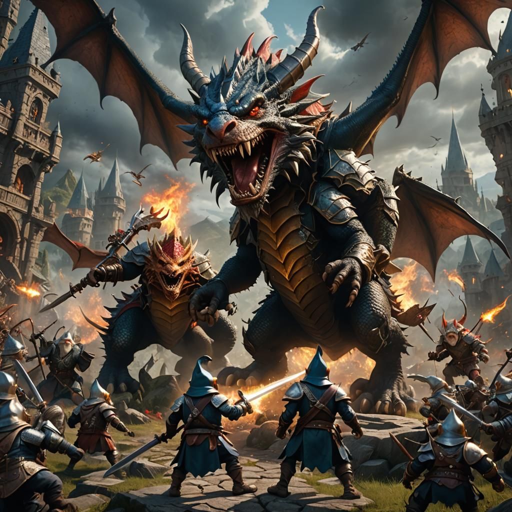 Gnome Knights Clash with Dragon: Epic Battle