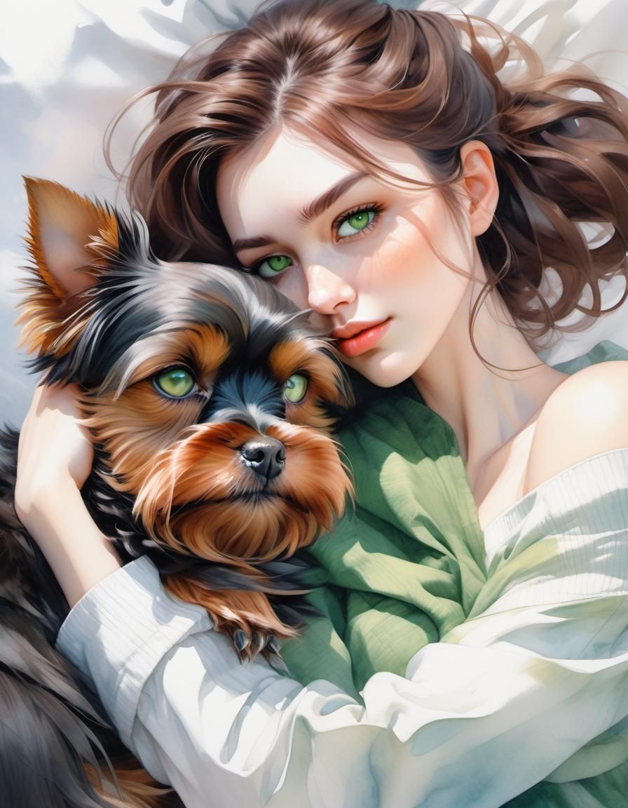 Woman Snuggling Terrier in Watercolor Fantasy Art