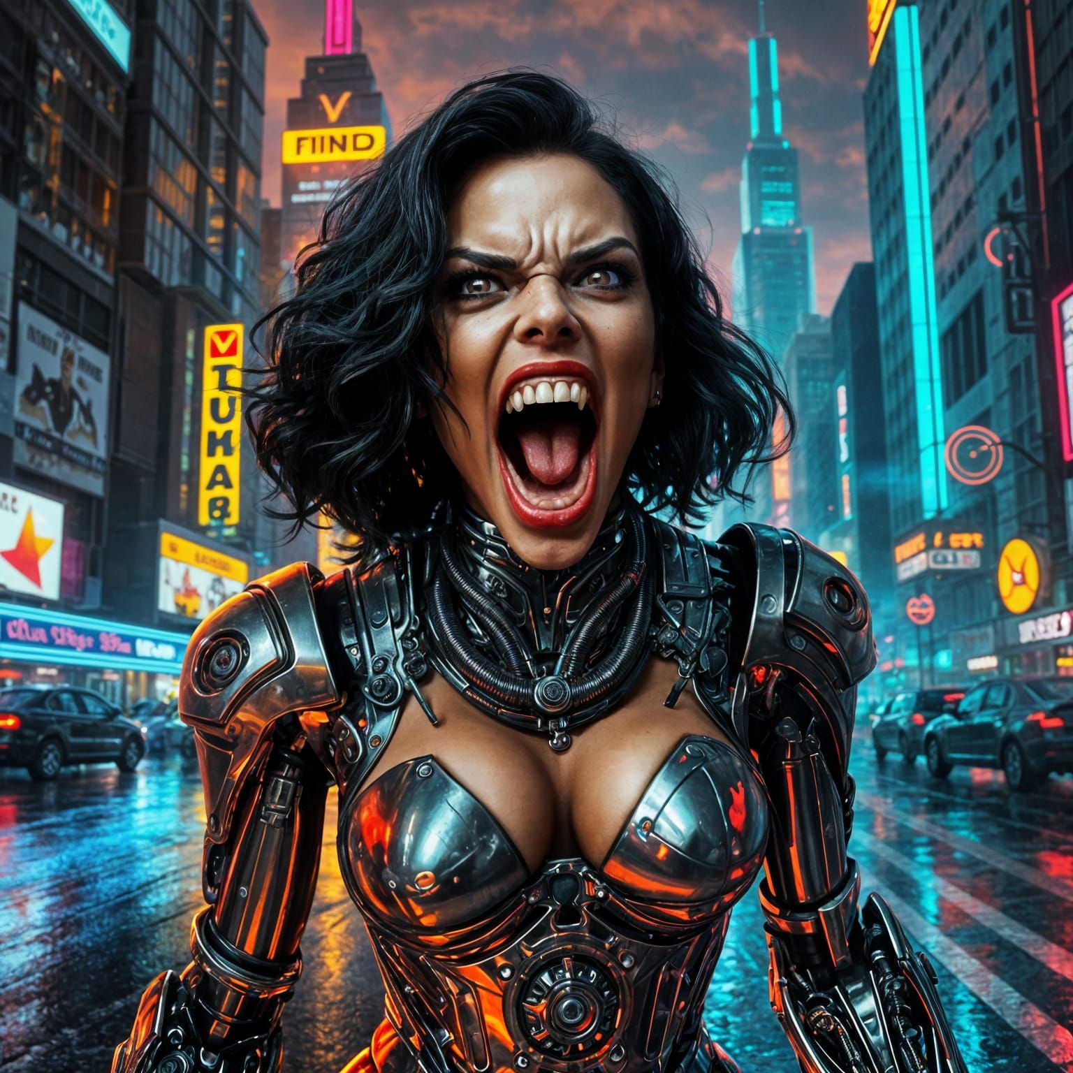 Cyberpunk Horror Goddess in Neon Cityscape