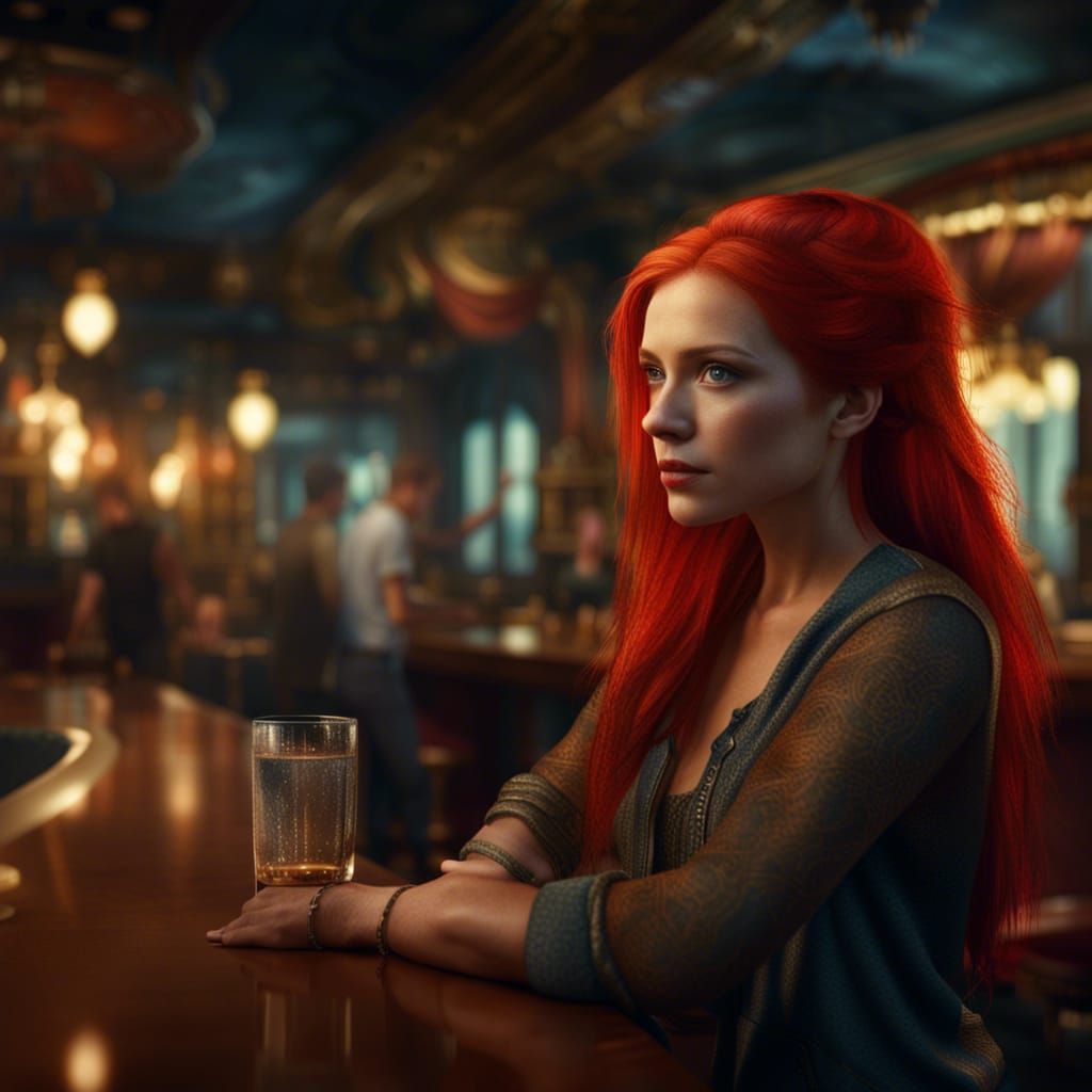 Red-Haired Beauty in a Detailed Bar Scene