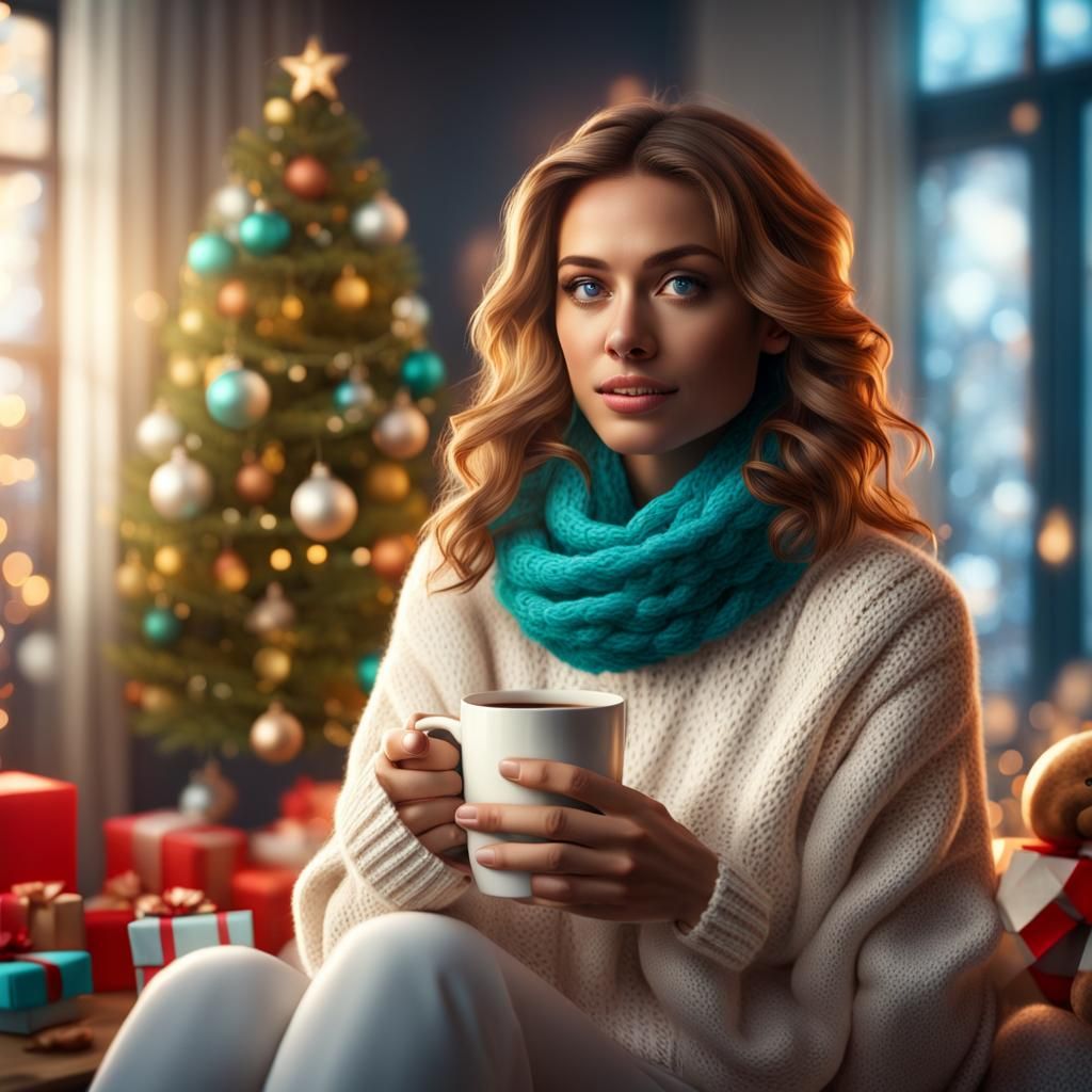 Christmas Portrait of Woman with Coffee, 8K Unreal Engine