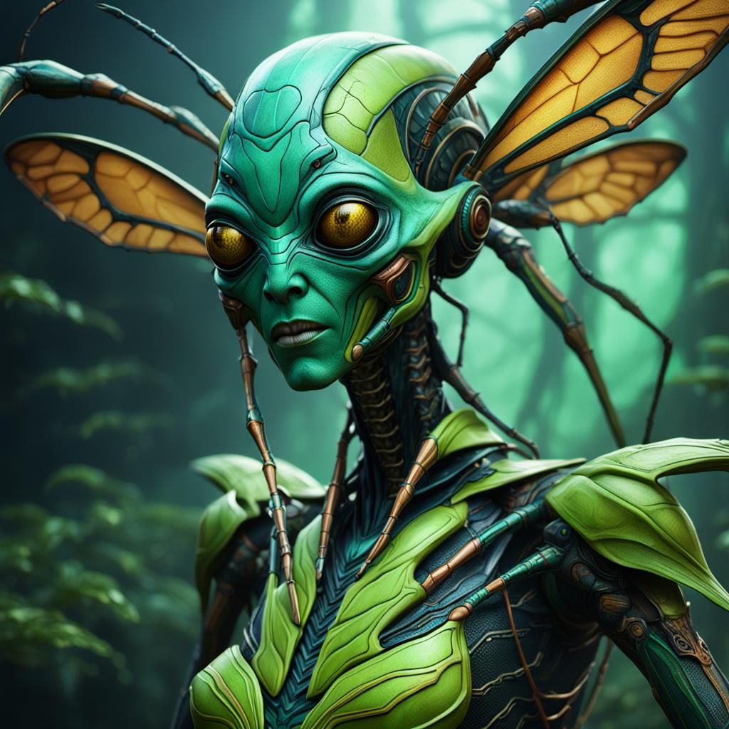 Extraterrestrial Mantis Woman: Detailed Fantasy Art