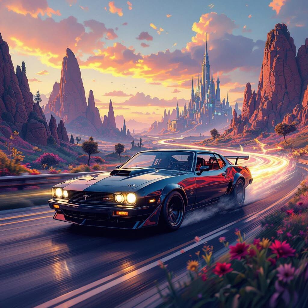 Speeding Car in Vibrant Fantasy Landscape