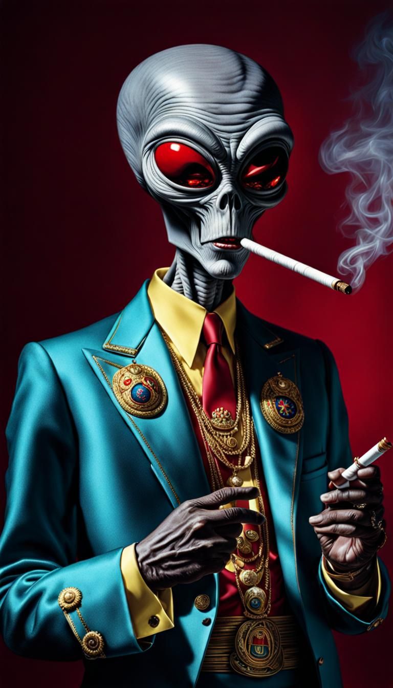 Grey Alien Smoking in Russian Outfit: Colorized Art