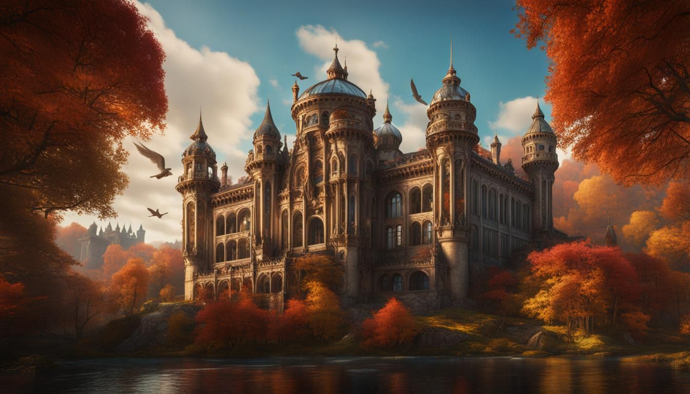 Bird Soaring Above Autumn Palace: Matte Painting