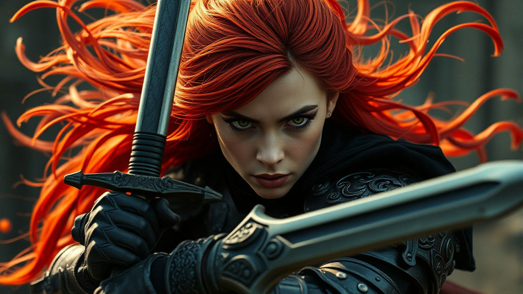 Fierce Red-Haired Warrior in Ornate Armor