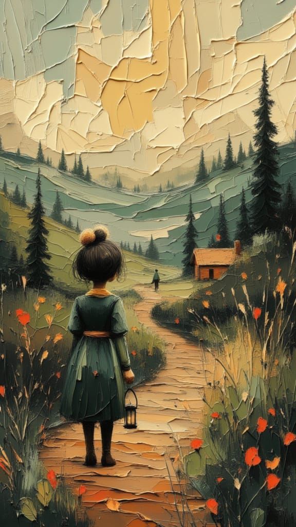 Figure with Lantern on Pastoral Path at Dawn