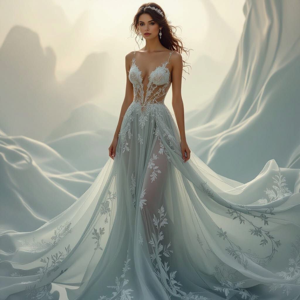 Elegant Woman in Flowing Ocean Gown: Dreamy Art