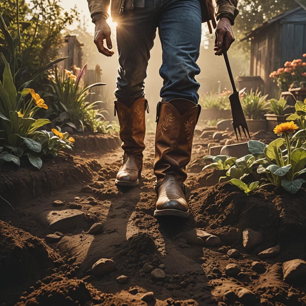 Cowboy Boots Tilling Garden in Golden Hour Light