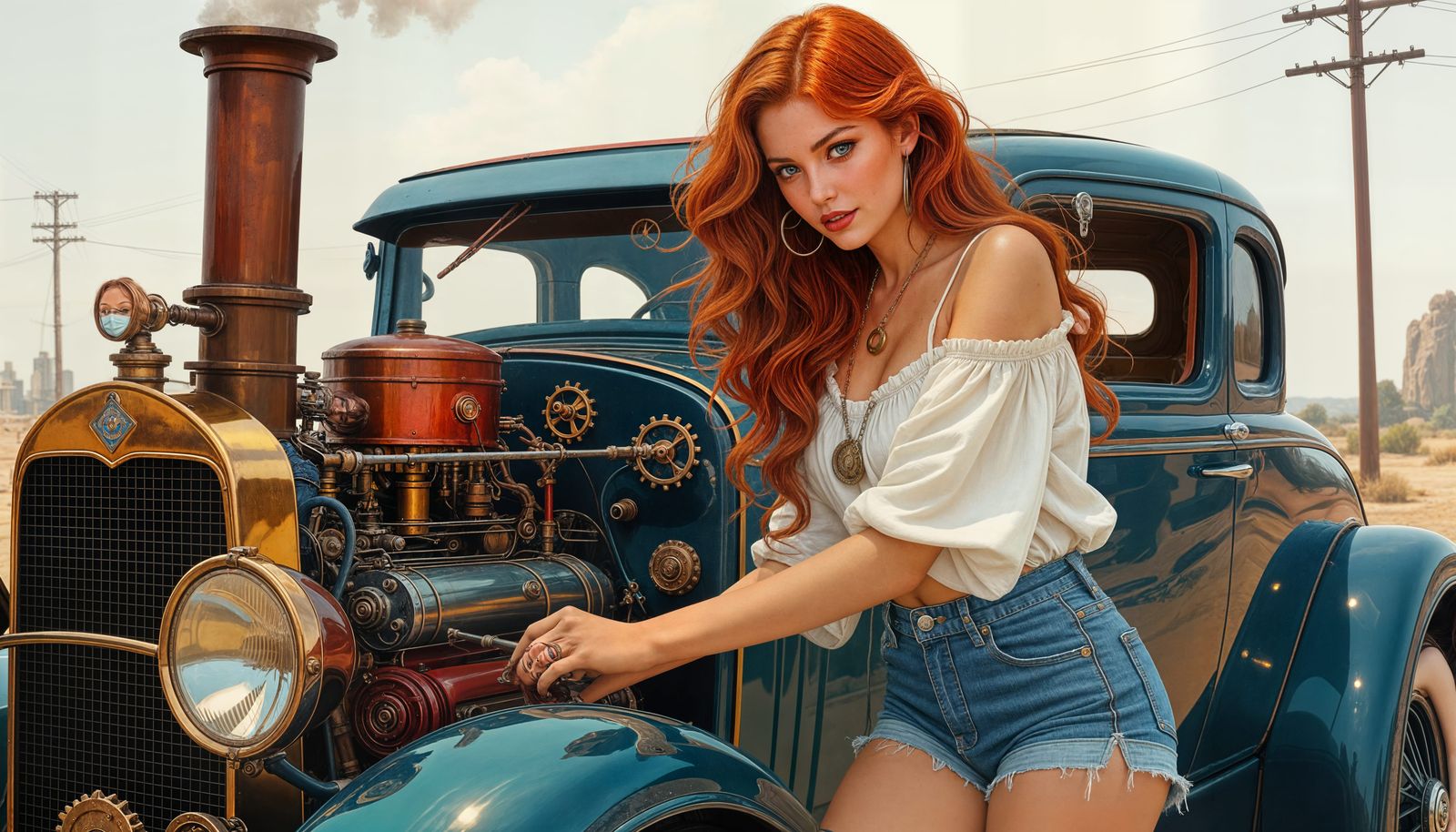 Steampunk Girl Fixing Car Engine