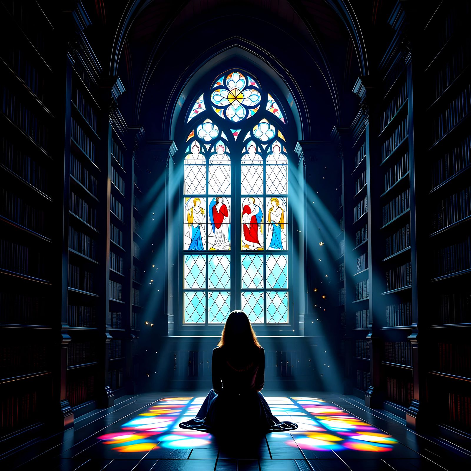 Woman Contemplating in Ancient Library with Volumetric Light