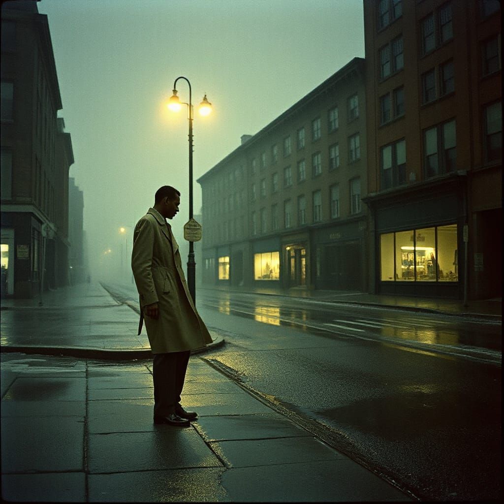 Moody 1940s Figure in Rain, Analog Photo Style