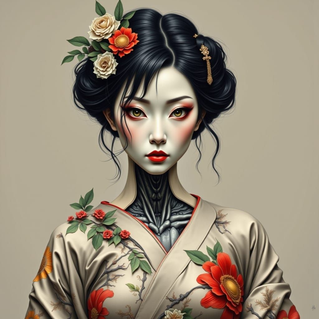 Beautiful Cyborg Geisha in Traditional Attire