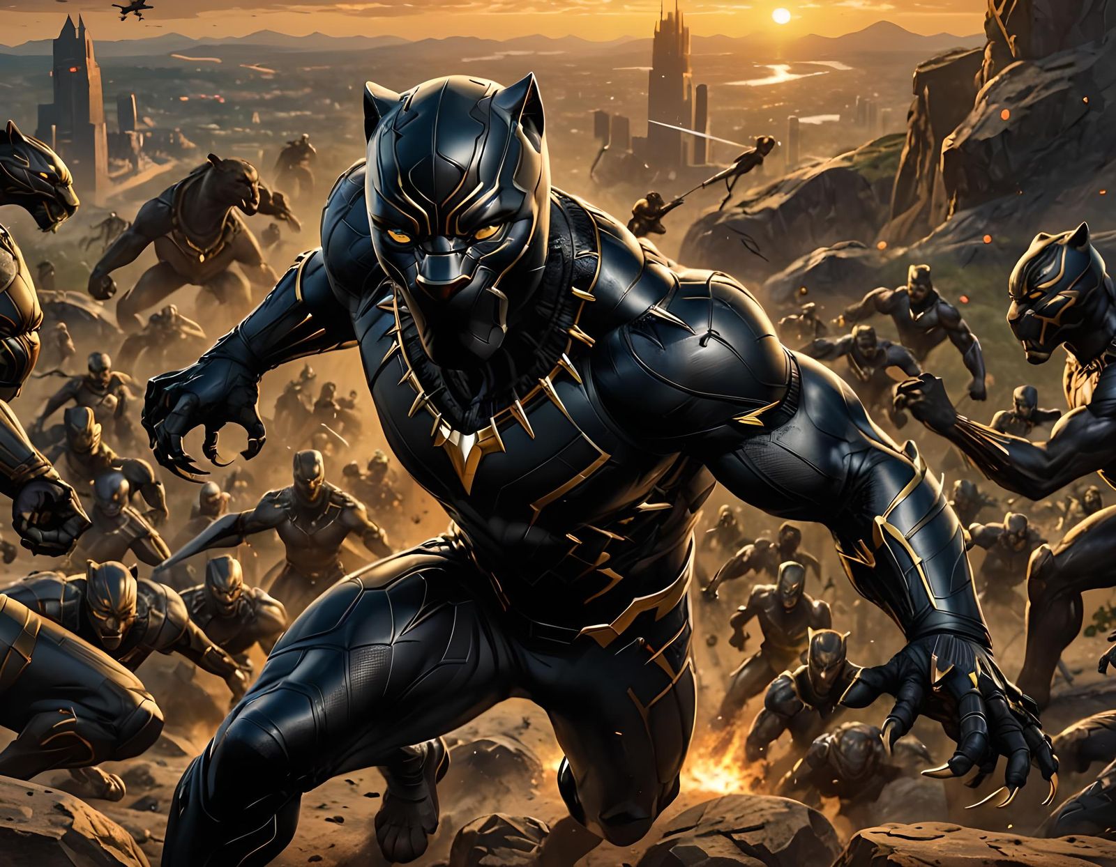 Black Panther in Sunset Battle: Hyperrealistic Portrait