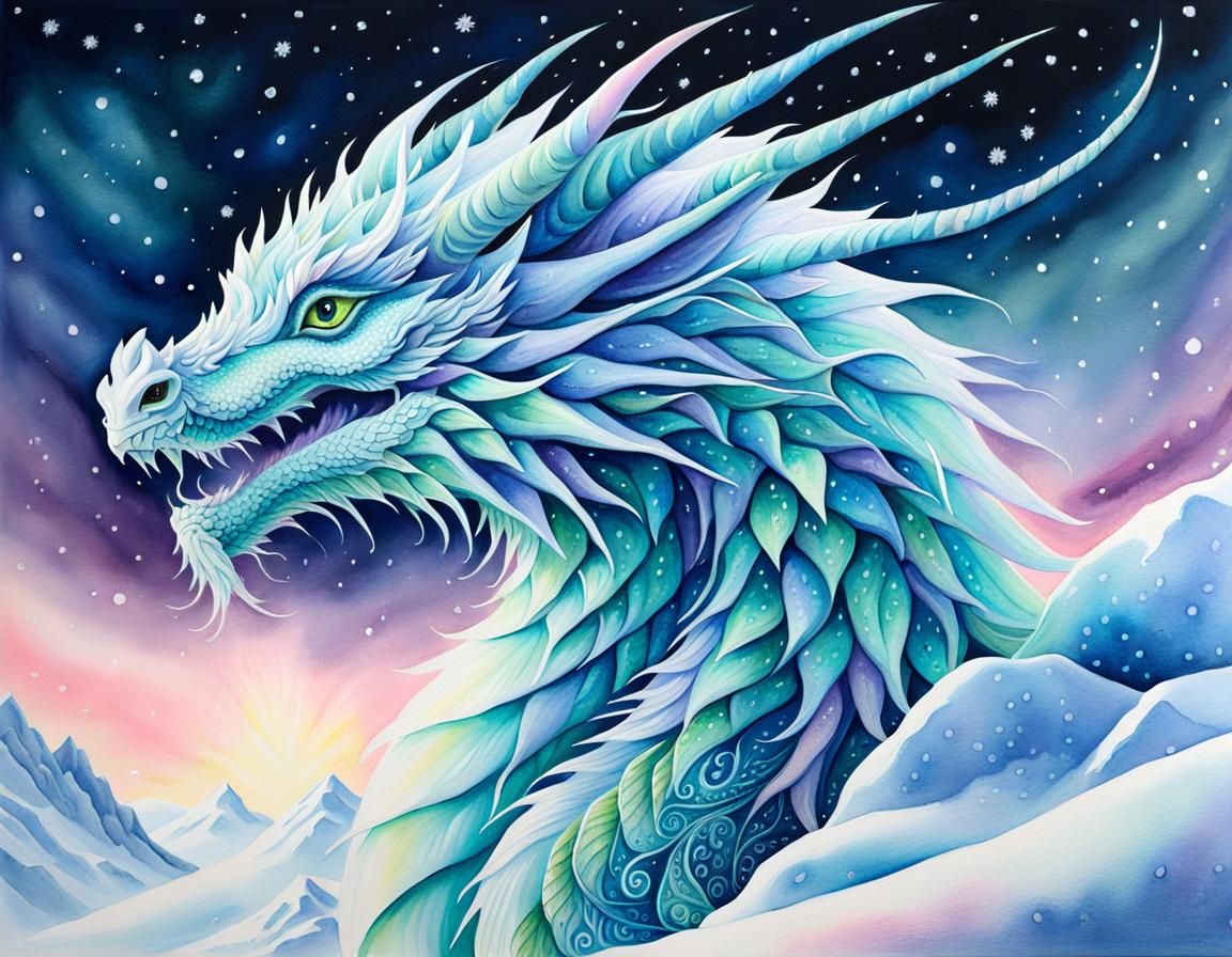 Watercolor Snowflake Dragon Under Northern Lights