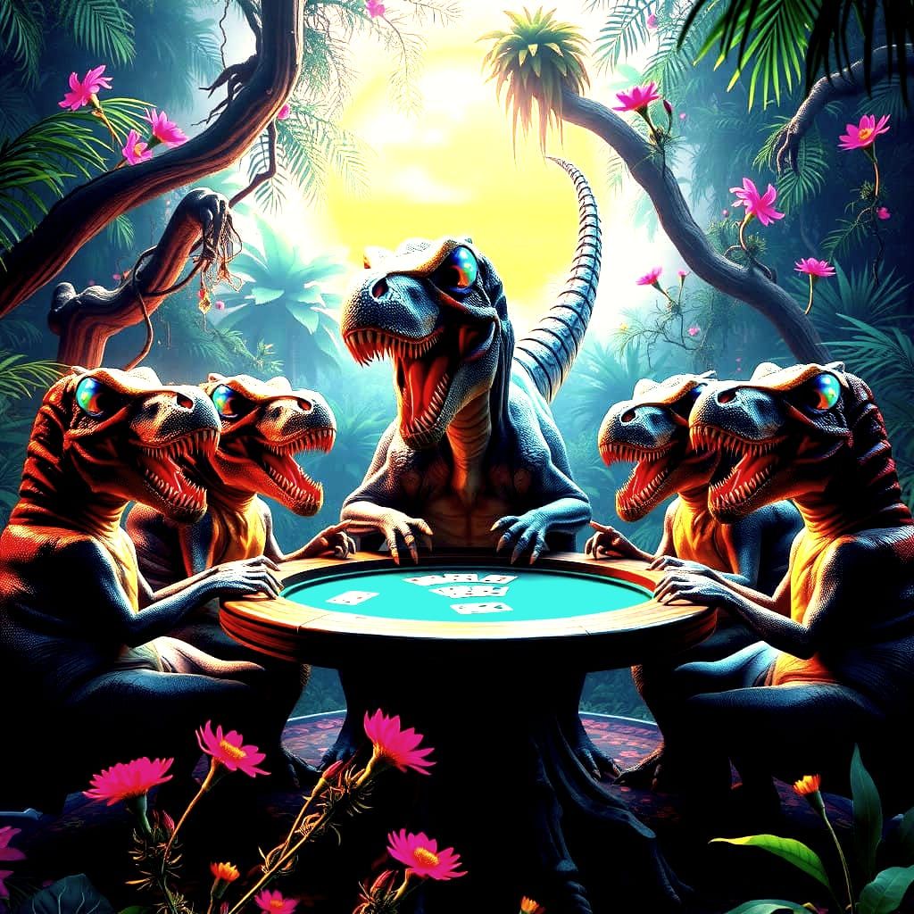 Tyrannosaurus Rex Poker Night in Vibrant Jungle Paradise