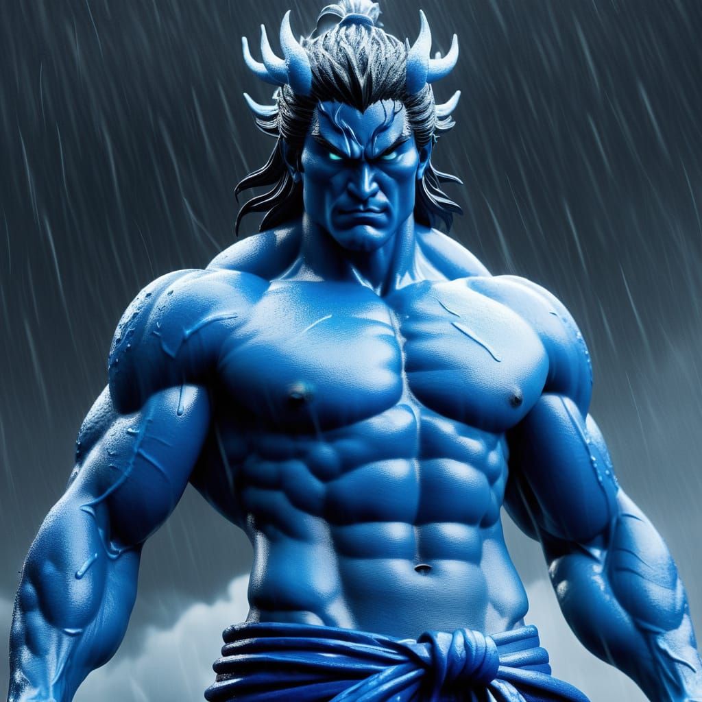 Beefcake monochromatic photorealistic blue shirtless Susanoo...