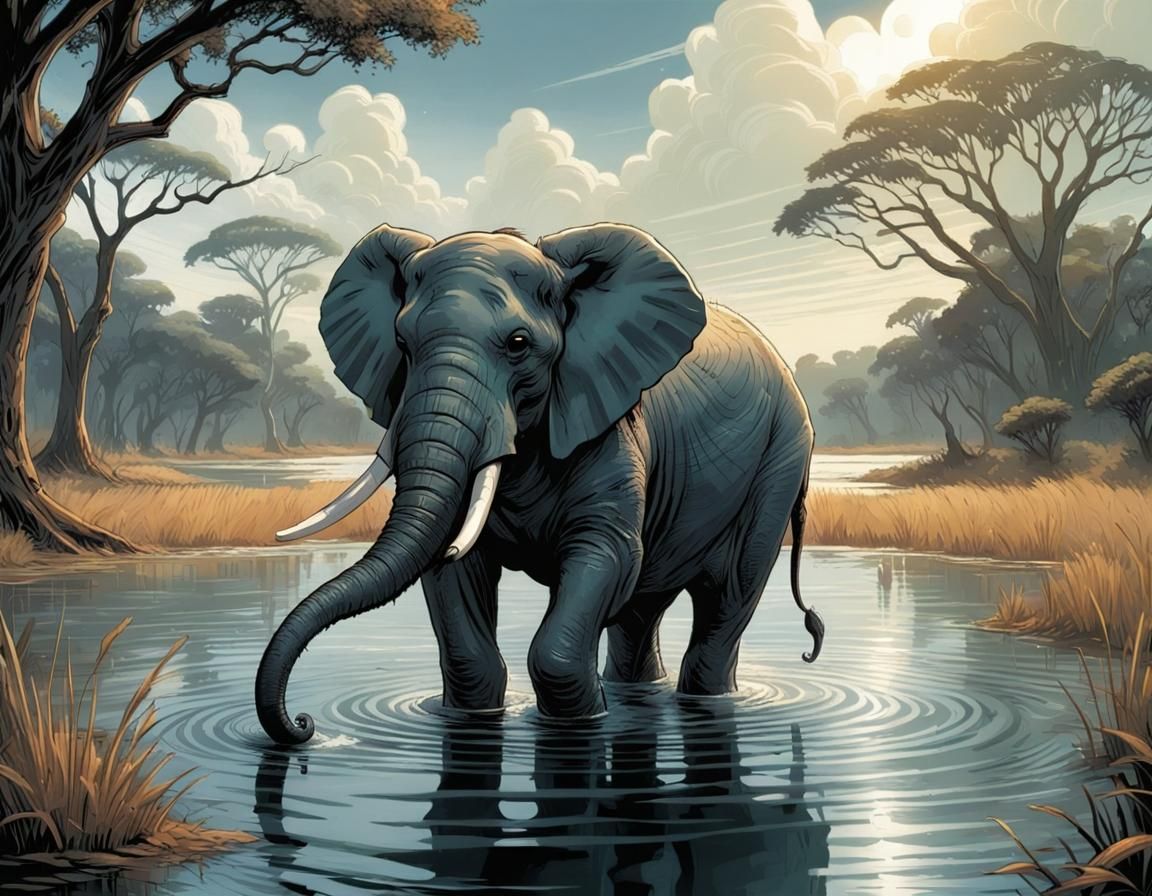 Elephant  in a lake in the savanna