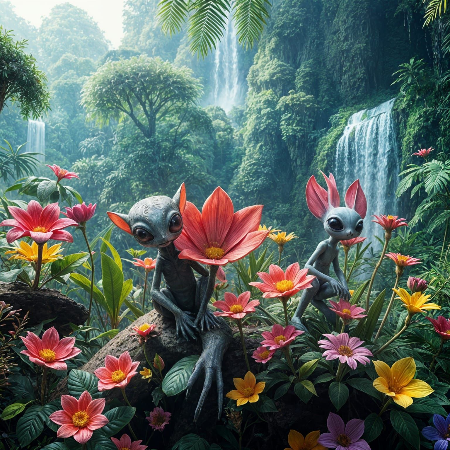 Whimsical Alien Jungle Scene in Hyperrealistic Style