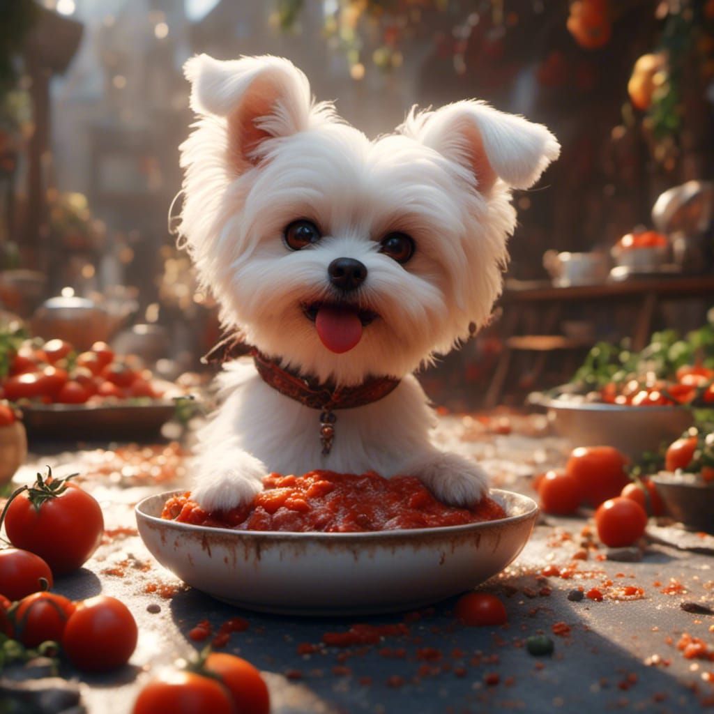 Cute Maltese Dog with Beef Stew, Detailed Art
