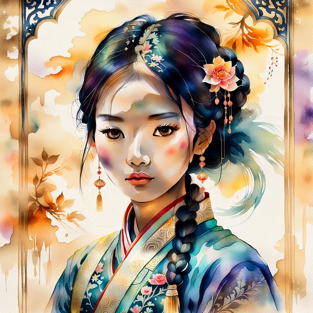 Ghostly Asian Girl Portrait in Watercolor Painting