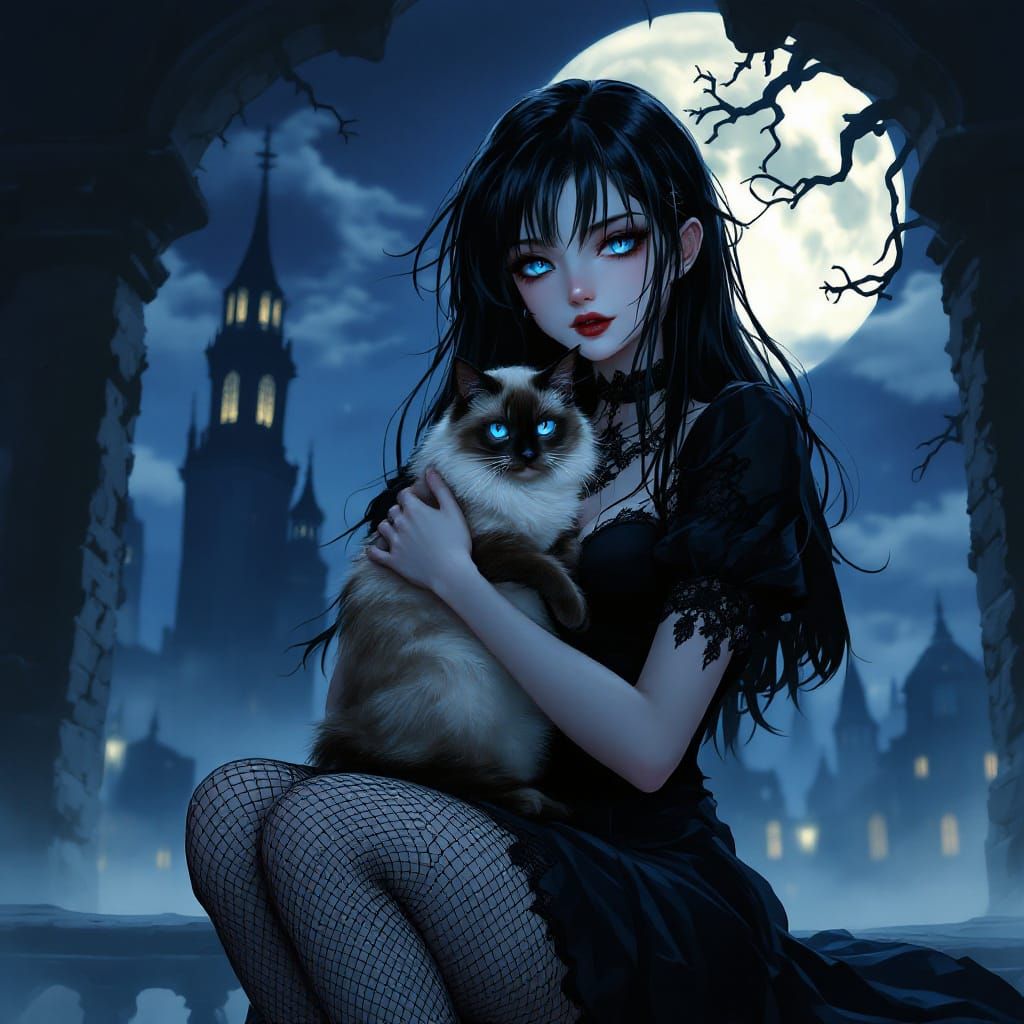 Gothic Anime Girl with Siamese Cat in Moonlit City