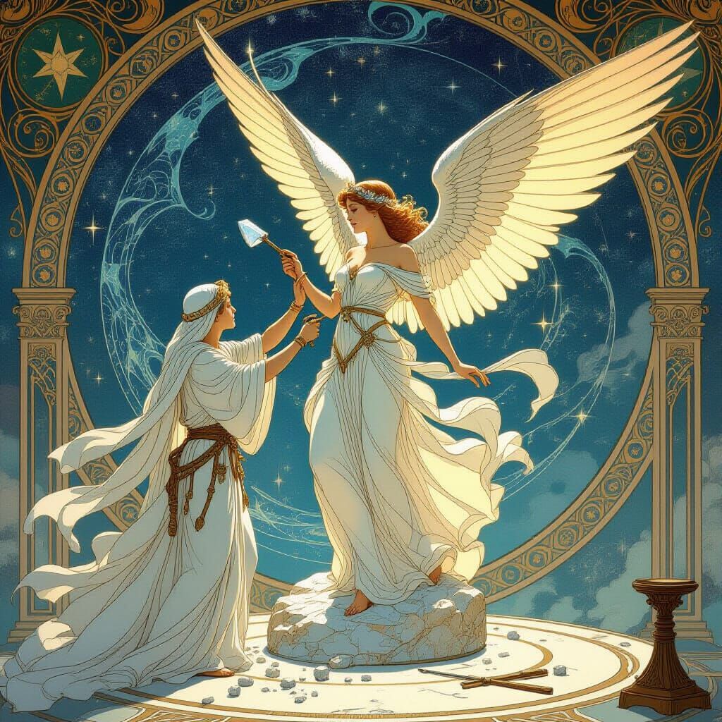 Celestial Sculptor Creates Goddess Statue in Art Nouveau Sty...