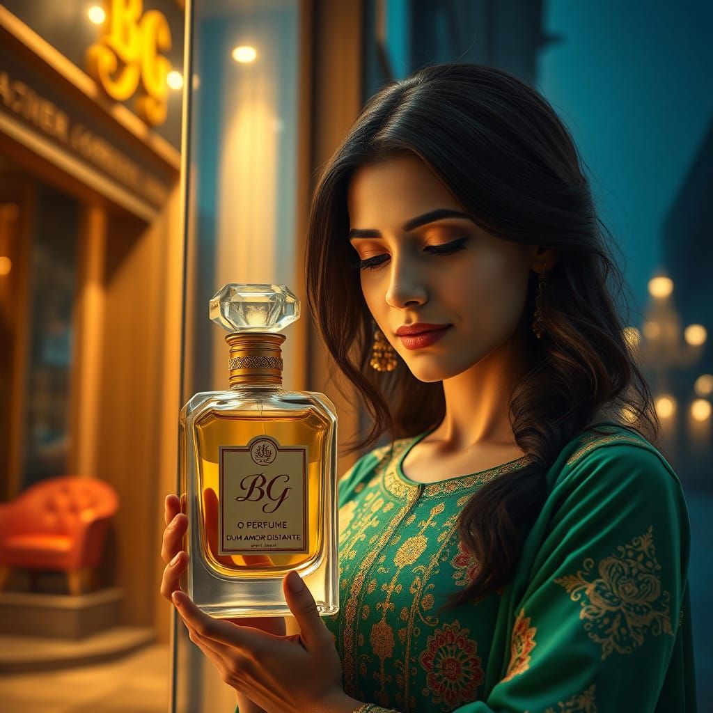 Uma linda mulher paquistanesa 23 anos ao lado da vitrine de luxo olhando O Perfume de Um Amor Distante com as letras "BG...