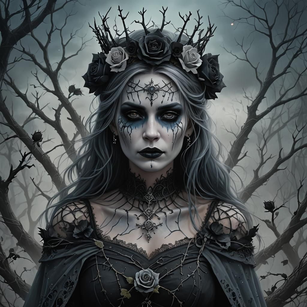 Gothic Queen with Rune Tattoos in Icy Mist
