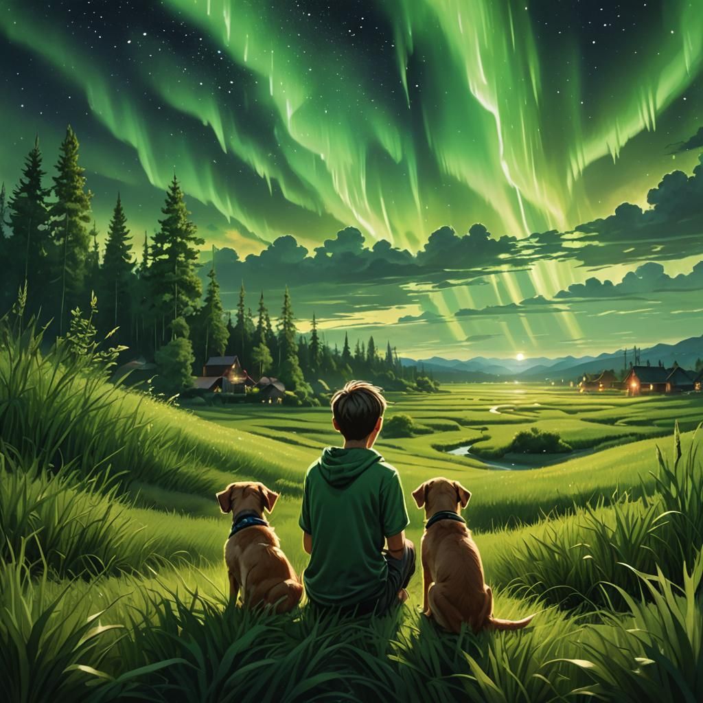 Boy and Dog Watch Northern Lights in Paddy Field
