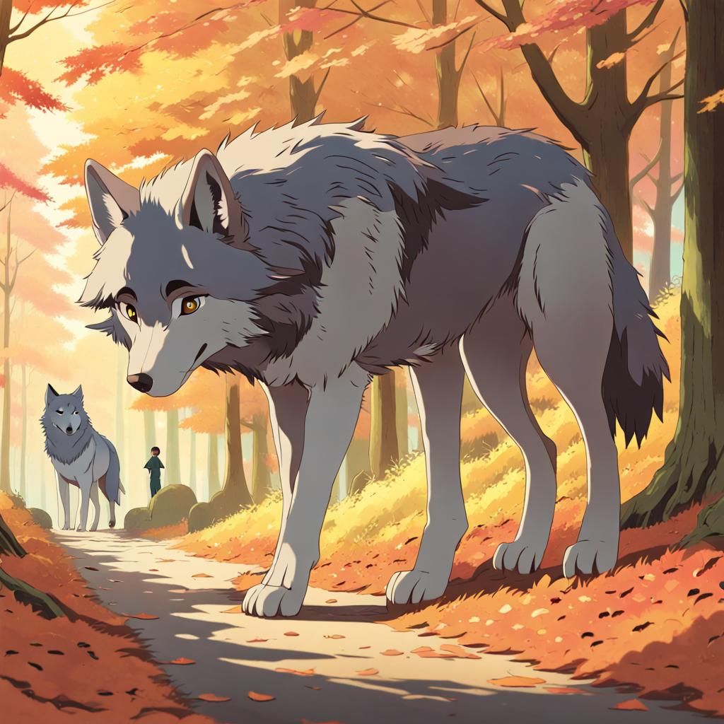 Wolf in Autumn: Studio Ghibli Anime Style