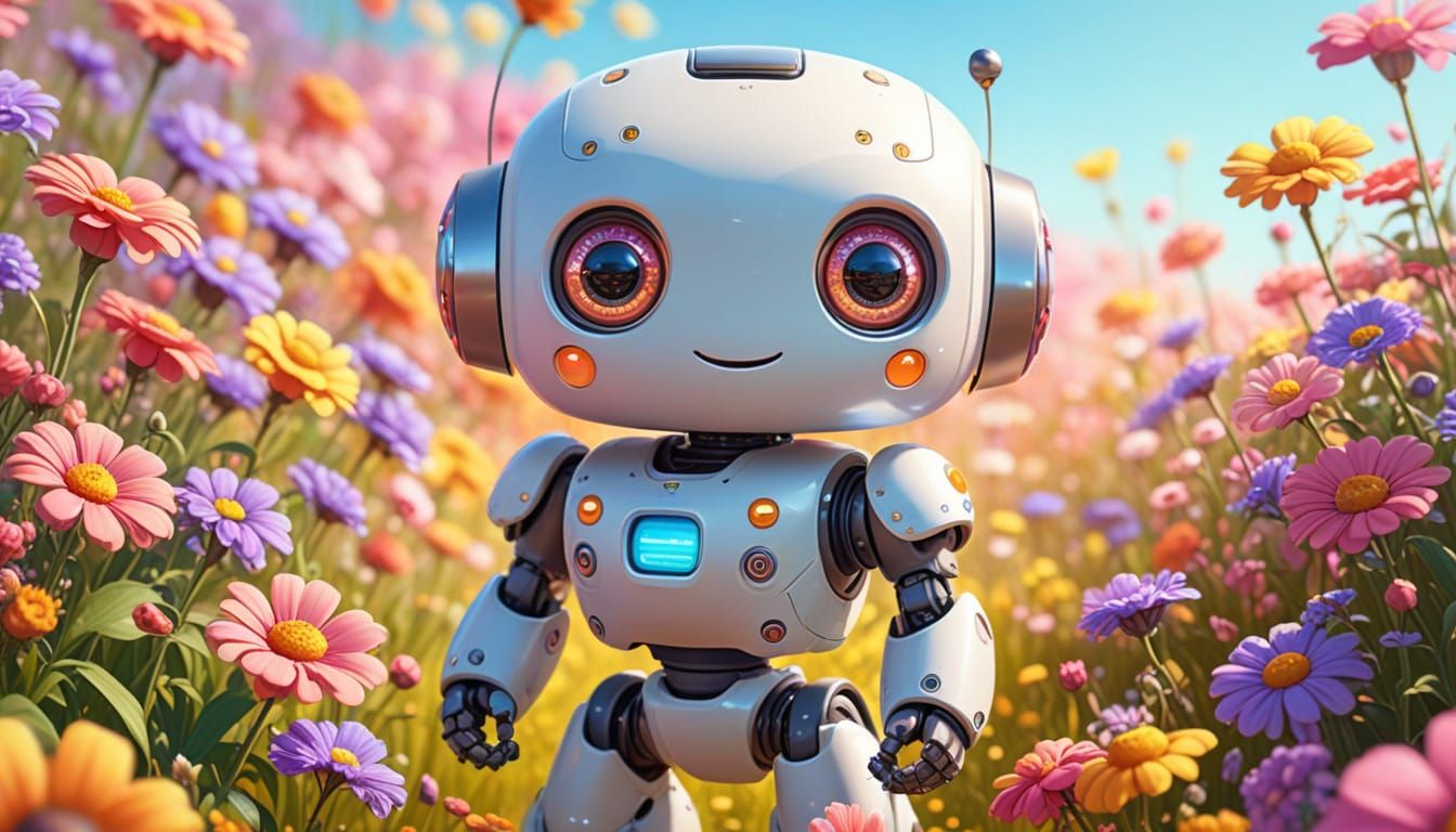 Cute Robot in Flower Field: Kawaii Digital Art