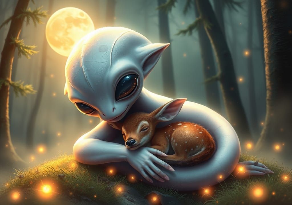 Alien Cradling Deer in Forest with Cosmic Lights