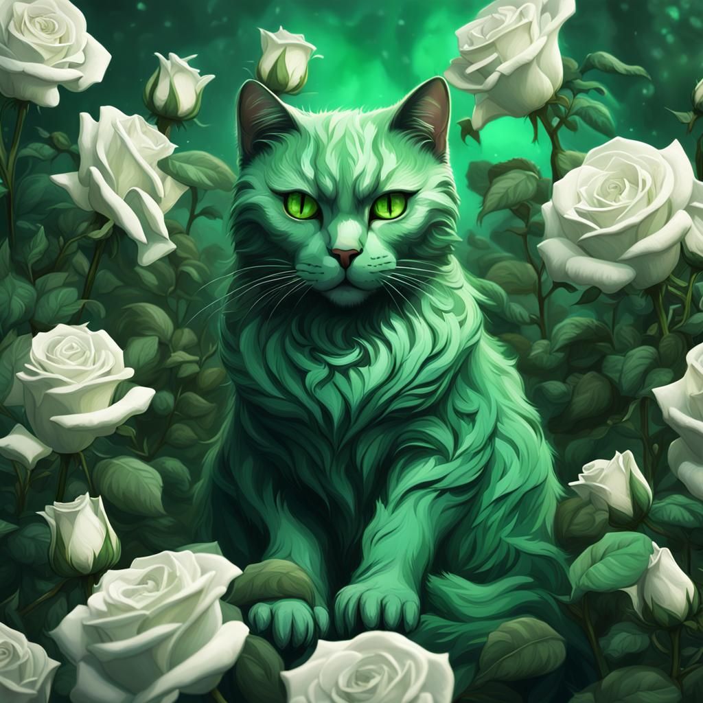 Green Cat in White Roses Fantasy Concept Art