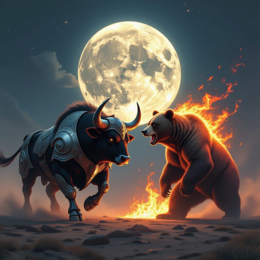 Ying Yang Symbol art of a rushing bull fused with the moon a...