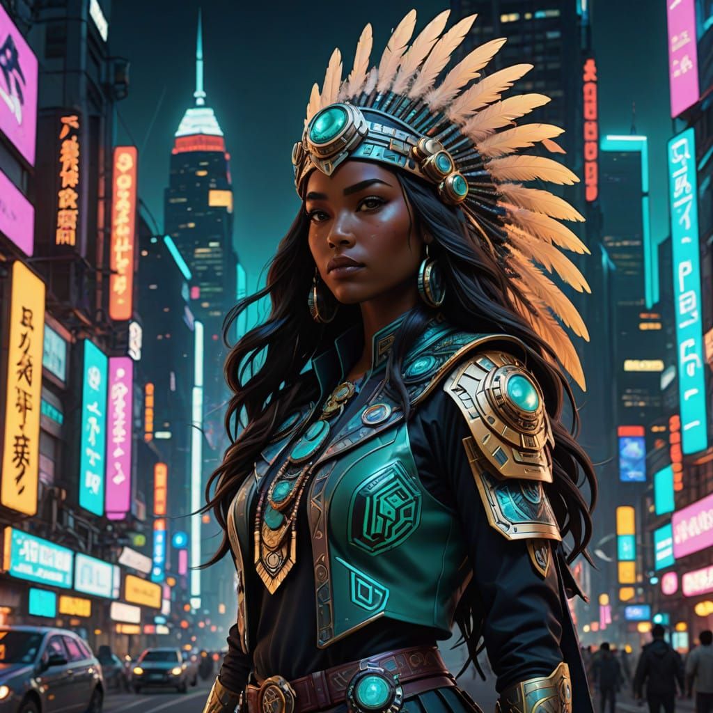 Vibrant Aztec Goddess Empowers Futuristic Cityscape