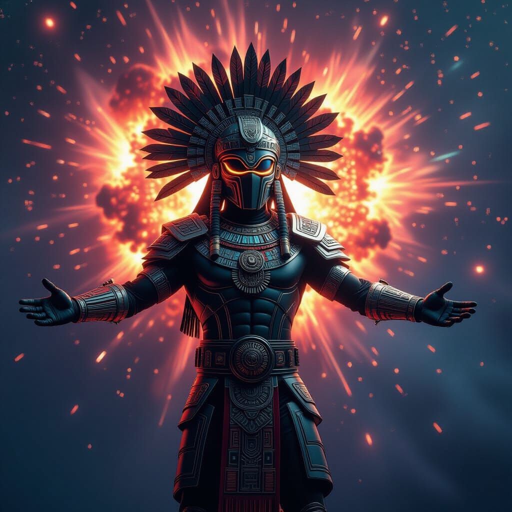 Aztec Sun God in Futuristic Spacesuit Above Supernova