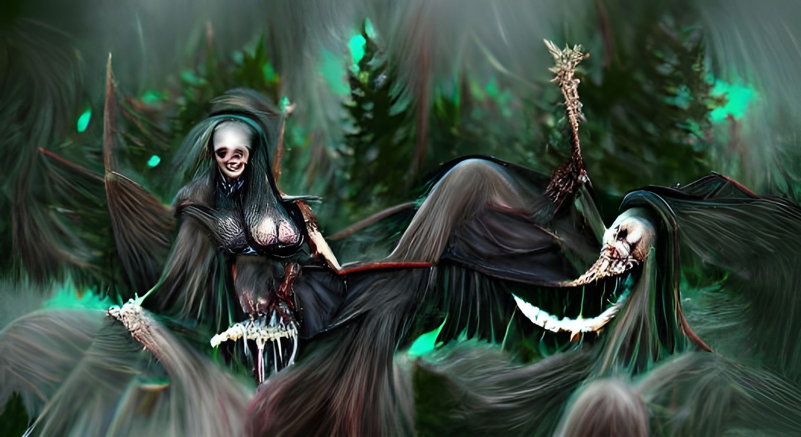 Hag Witch in Dark Forest with Angel of Death