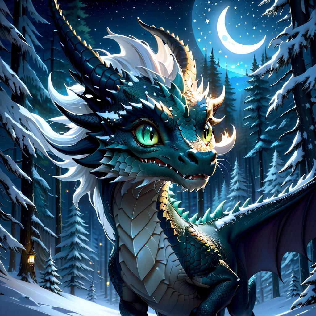 Mythical Dragon in Snowy Forest at Night