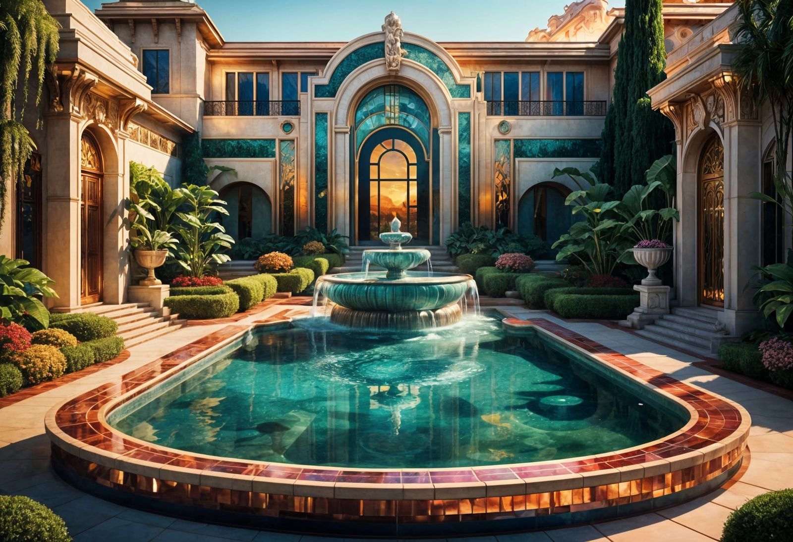 Hollywood Art Deco Mansion with Fountain