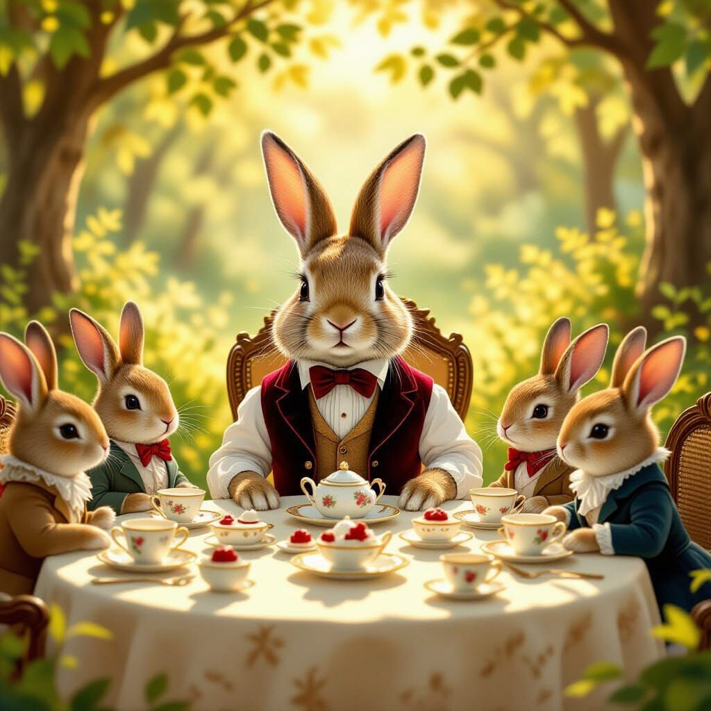 Regal Rabbit in Waistcoat Hosts Tea Party in Forest