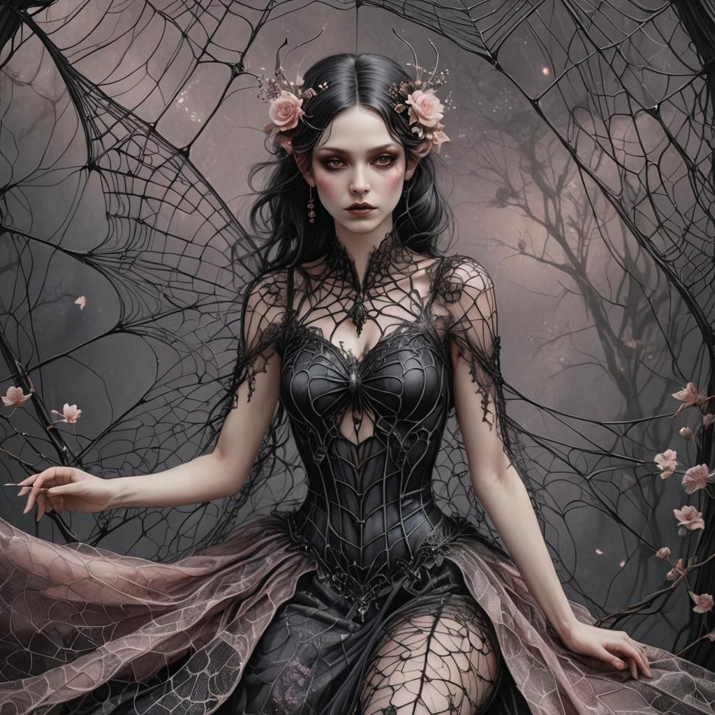Gothic Fairy in Spiderweb Dress: Dark Fantasy Art