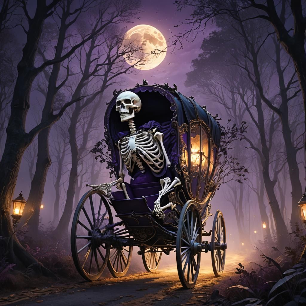 Surreal Dark Fantasy Carriage Rushes Through Moonlit Forest