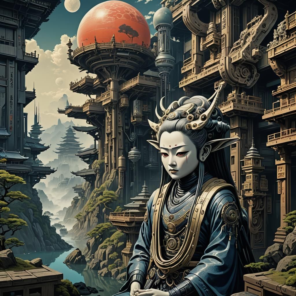 Serene Sci-Fi Landscape in Ukiyo-e Style