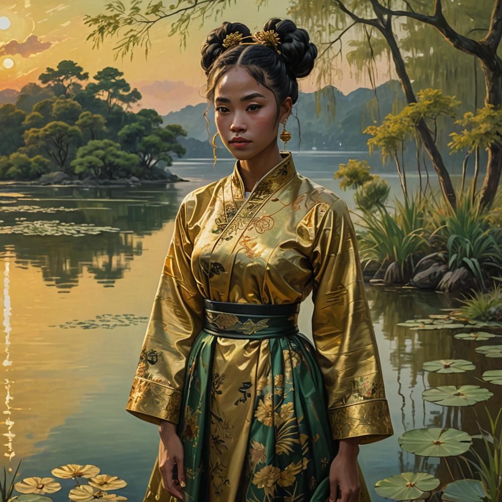 Girl in Golden Dress by Lake, Oil Painting