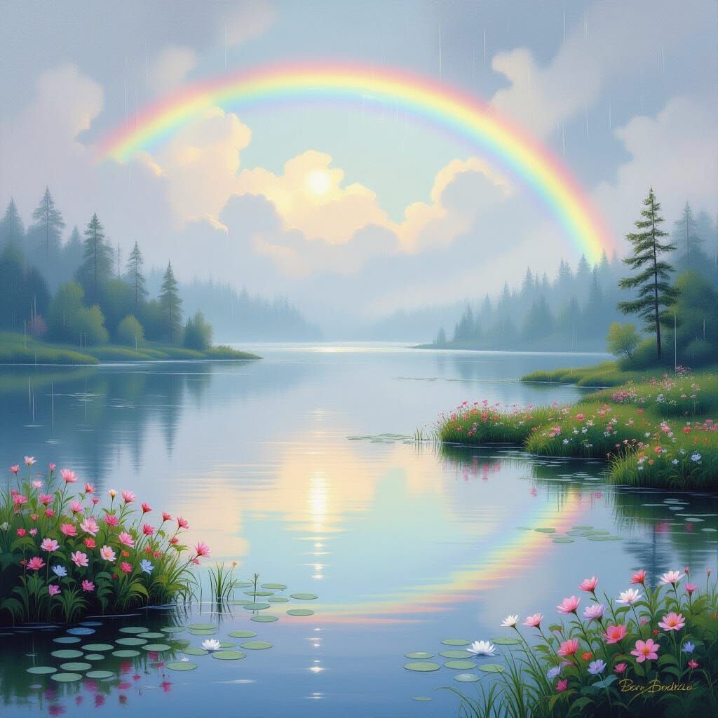 Serene Lake with Rainbow in Luminist Style
