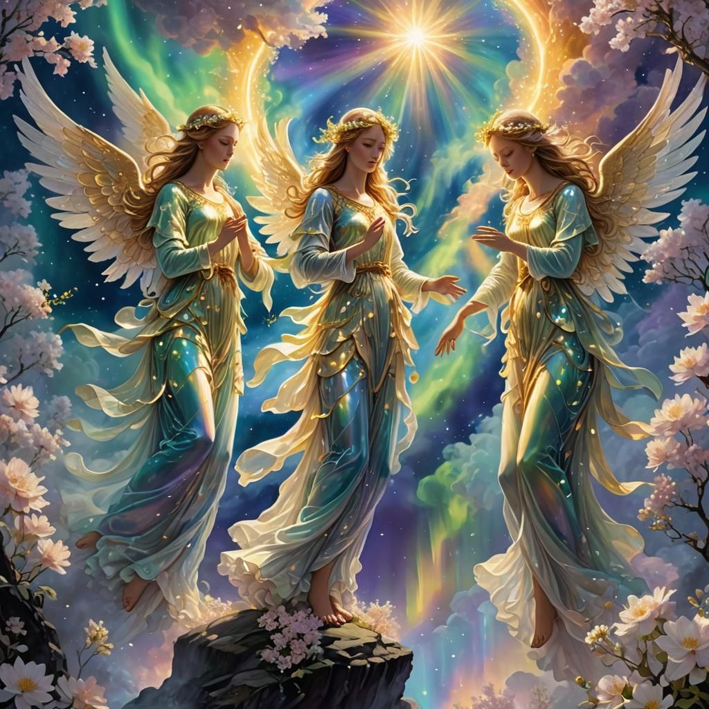 Ethereal Vapor Angels Dancing in Aurora Light