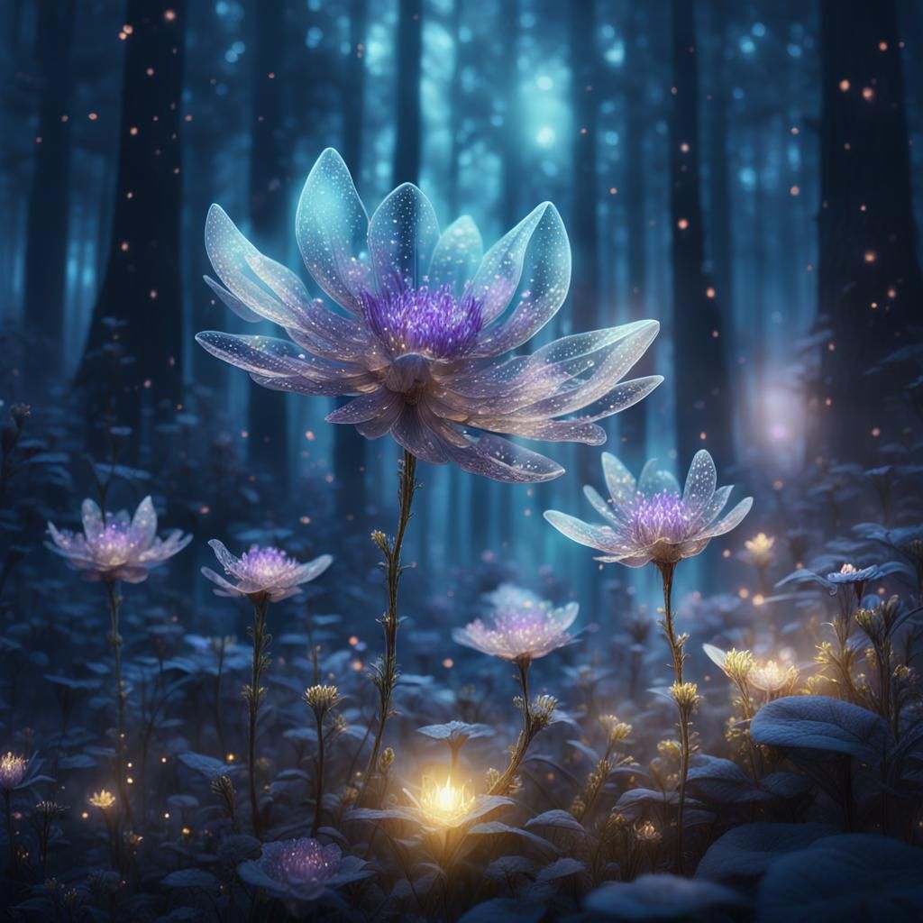 Crystal Flowers Bloom in Ethereal Forest