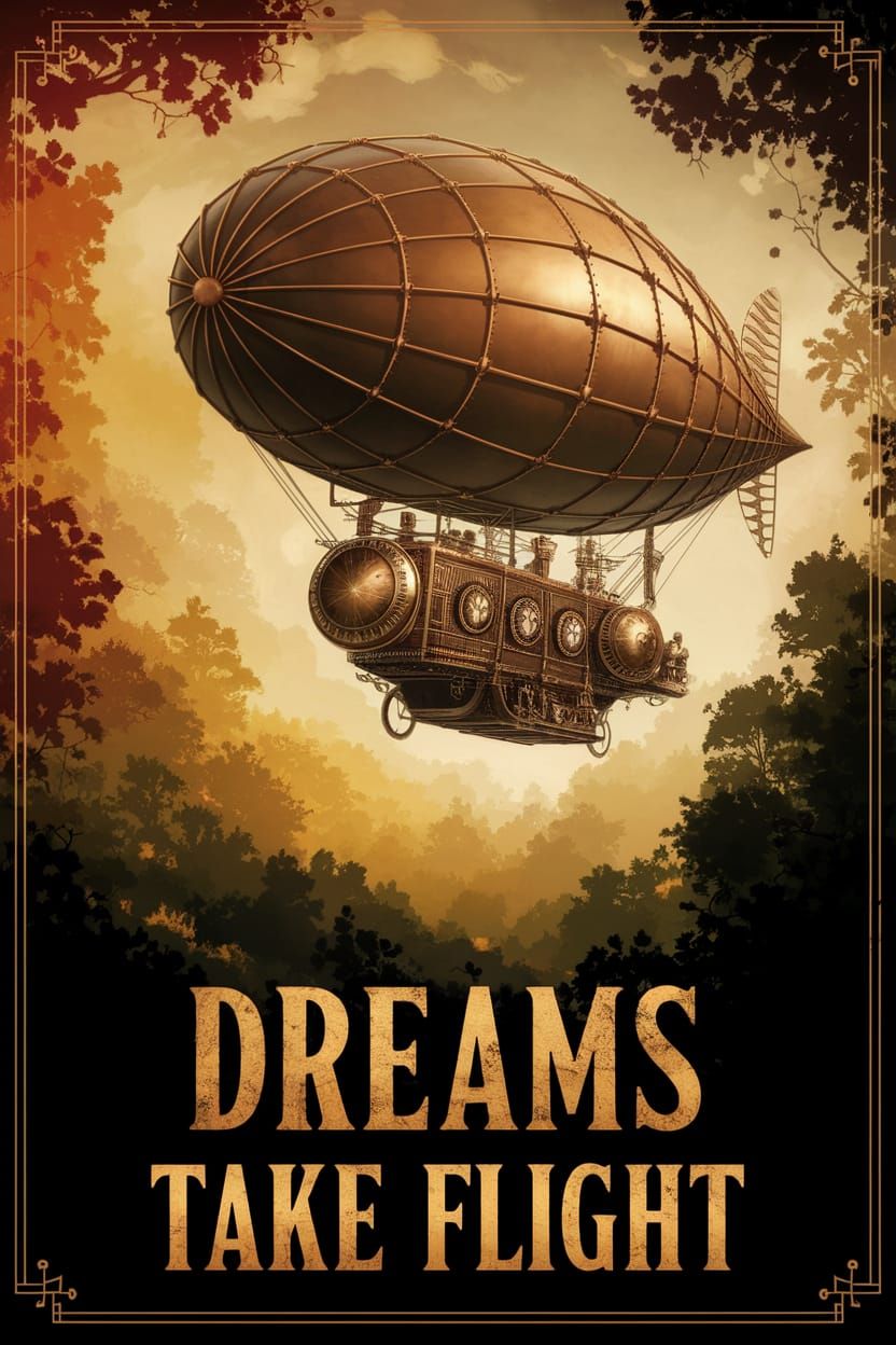 Steampunk Airship Soars Above Golden Forest in Vintage Poste...