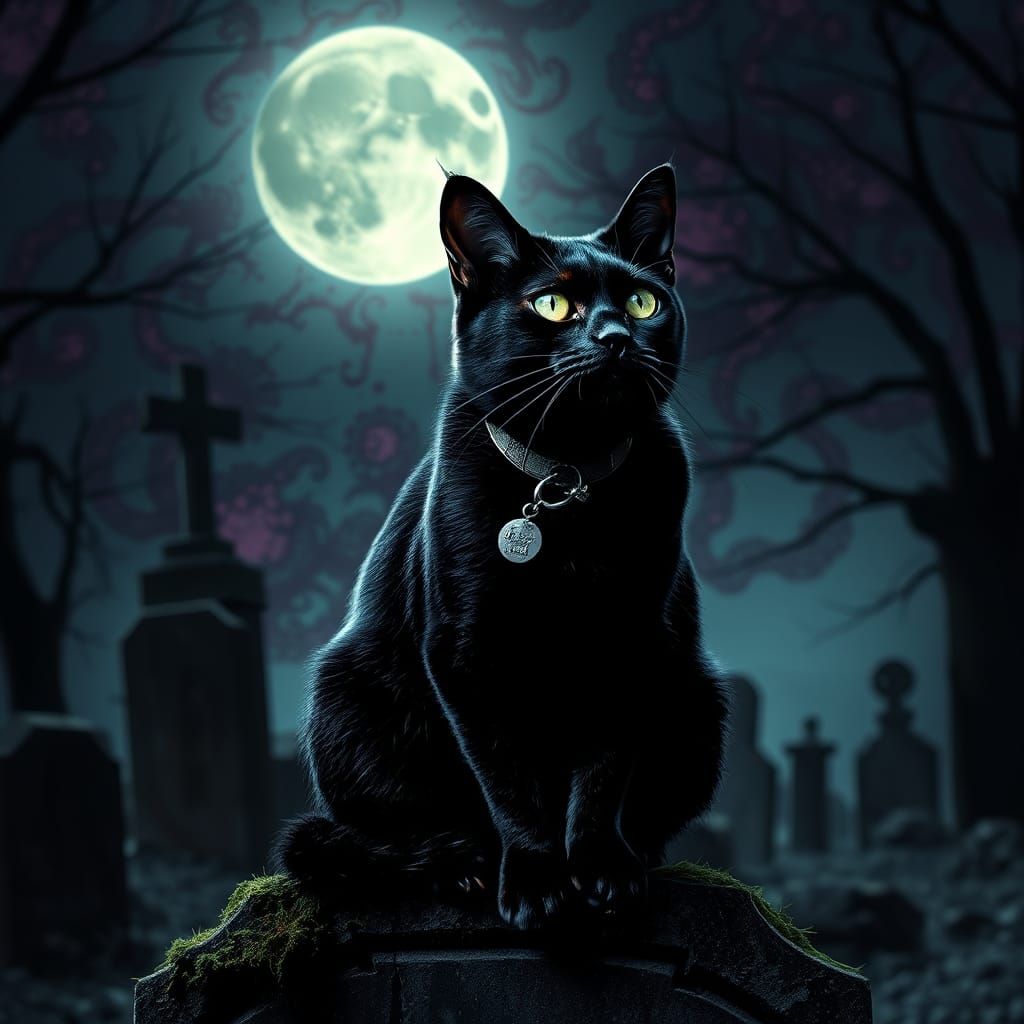 Black Cat Gazing at Moon in Surreal Landscape
